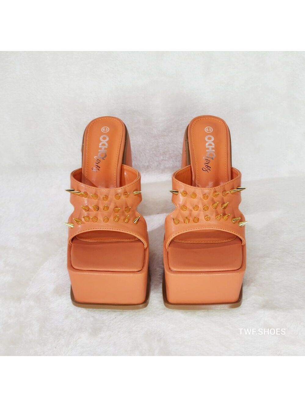 Good Will Orange Slip On Square Toe Chunky Platform Sandals With Spikes Ocho